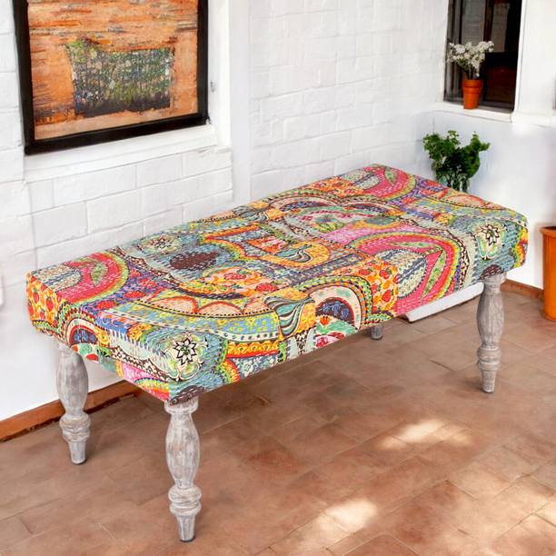 Ikiriya Ohio Solid Wood Bench in Multicolour Kantha upholstery for Living Room| Bedroom| Dining Bench| 36x18x16 Inch Solid Wood 2 Seater