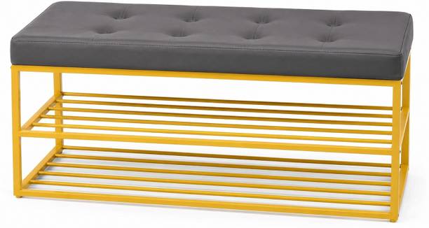 Worldcollection Tufted Seating Bench with 3-Tier Shoe Storage Rack Organizer Metal 3 Seater Metal 3 Seater