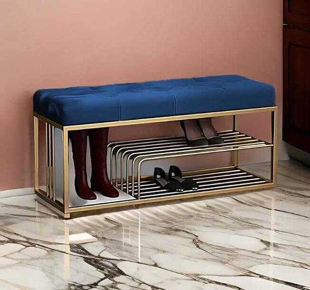 FlipsShoppee 2-Tier Metal Shoe Rack Bench With Cushion Seat And Golden Iron Frame Metal Shoe Rack