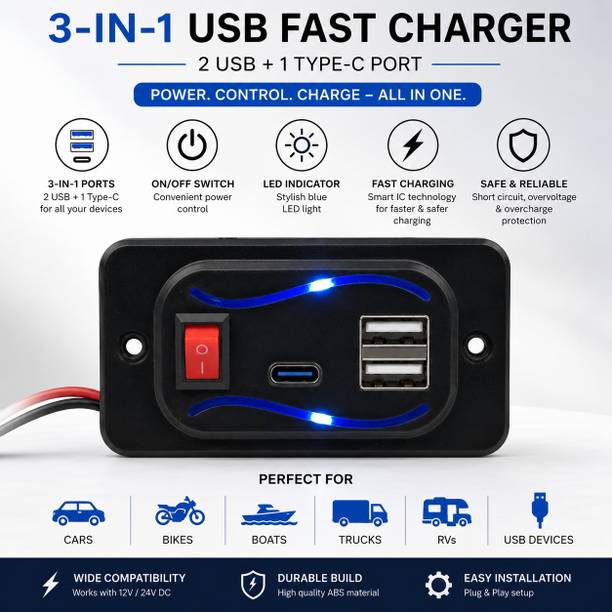 YASH AUTO ELECTRICALS 3-in-1 Fast USB Charger With Dual USB & Type-C 12V/24V for Car, Bike and scooty 5 A Bike Mobile Charger