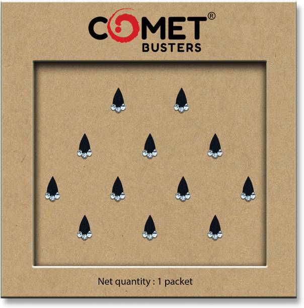 Comet Busters Black Velvet Tear Drop With Triple Stone 12 Bindis(6.5mm) (BIN2471) Women & Girls Black Bindis