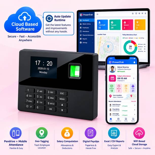 Presentrak Biometric Attendance Machine with Cloud Payroll Software USB, TCP IP 1000 Users Time & Attendance