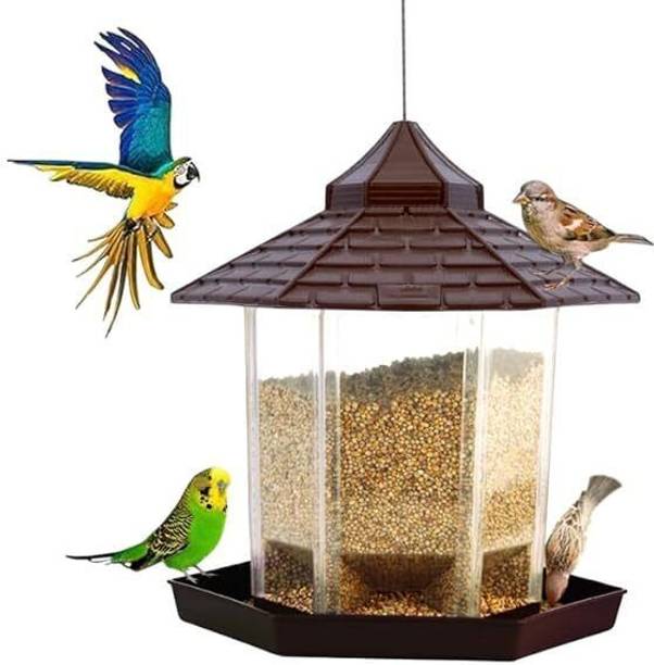 Garden's Need Hut Shape Bird Feeder with 360° Perch, Transparent Grain Holder & 1-Mtr SS Wire Window Bird Feeder Bird Feeder