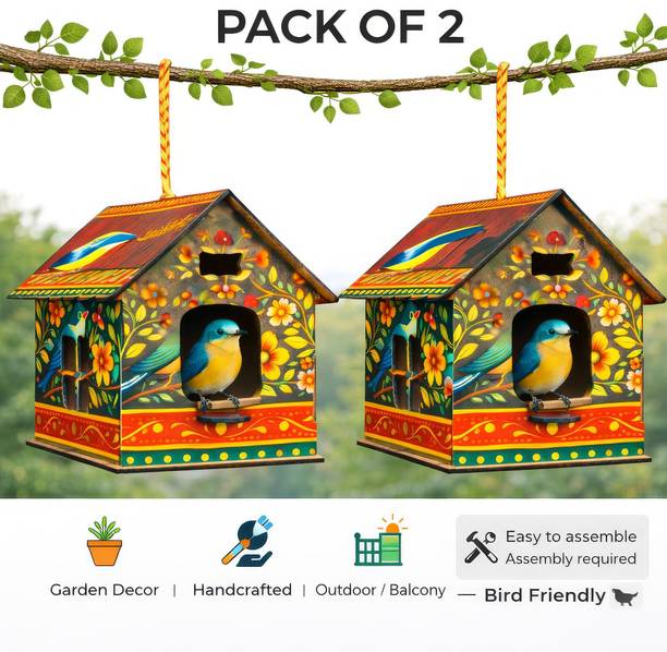KARNI CRAFT Hand Painted Wooden Bird House Pack of 2 for Garden & Balcony Bird House