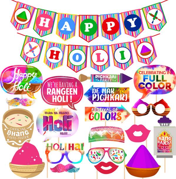 ZYOZI Multicolor Holi Decoration Combo Kit - Happy Holi Banner with Photo Booth Props(Pack of 20)