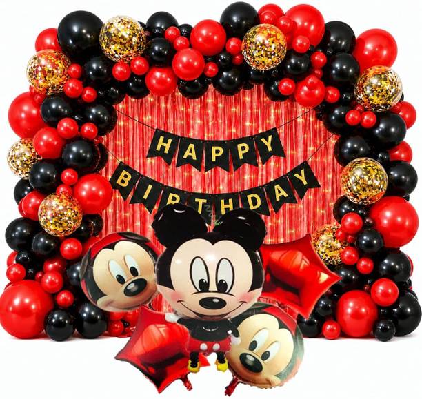 party lov Mickey Mouse Theme Birthday Decoration Kit Red & Black Happy Birthday Banner