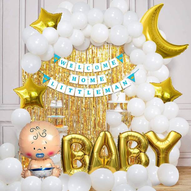 Party Propz Welcome Home Baby Decoration Kit - Welcome Home Baby Boy Decoration Kit / 59Pcs Baby Shower Decoration Items Balloon, Paper Bunting, Stars, Moon with Foil Curtain for Baby Shower / Welcome / Birthday Supplies