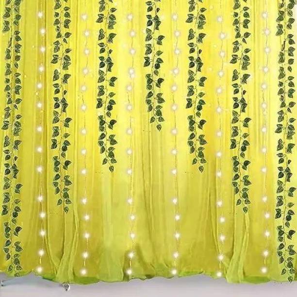 PARTY MIDLINKERZ Solid Yellow Backdrop Cloth With Artificial Leaves and Light for Wall Decoration Balloon