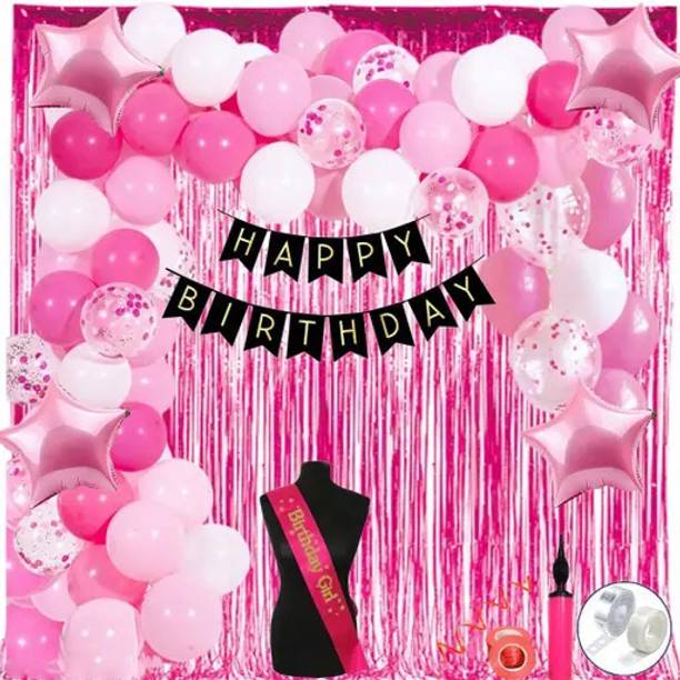 PARTY MIDLINKERZ Pink Theme Birthday Decoration Kit Set Items Combo Balloons for Girls with Sash