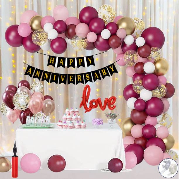 ANILOONS Florid Anniversary Decoration Kit -Burgundy White & Pink Pastel For Celebration