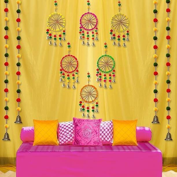 PARTY MIDLINKERZ Haldi Decoration Kit for Marriage-18pcs Pom Pom Hangings for Backdrop Decoration