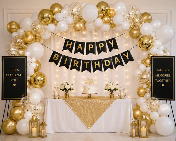 lala balloon Elegant Gold & White Birthday Party Setup with Balloon Garland