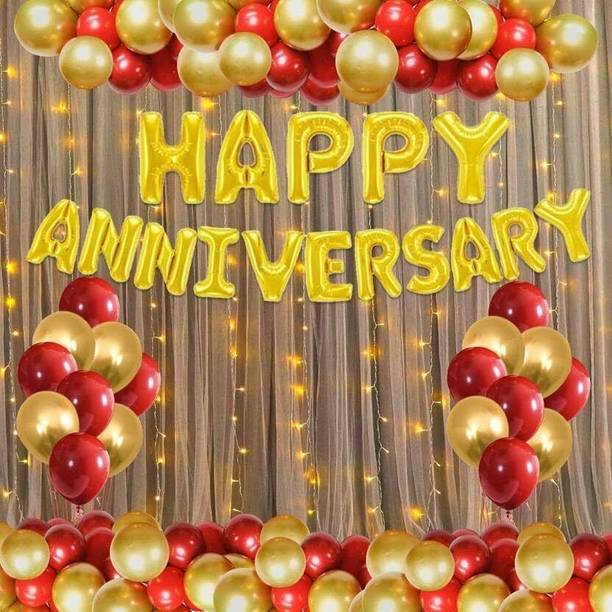 PARTY MIDLINKERZ Solid Anniversary Foil With Metalic Balloons Decoration Items Kit with husband,wife Balloon