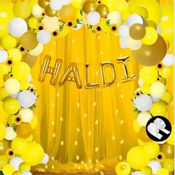 CELEBRATION NEST Haldi Decoration Combo Set 45 Pcs with Yellow, Golden and White Balloons, H