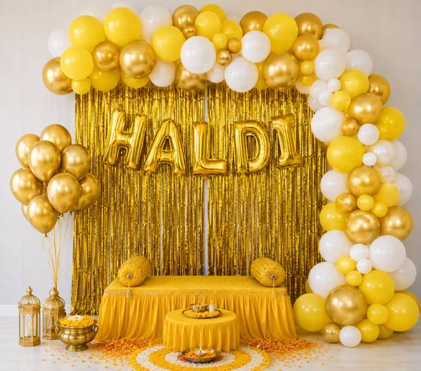 ConfettiLane Solid Golden White Haldi Decoration Kit with Gold Letters, Curtains & Balloons