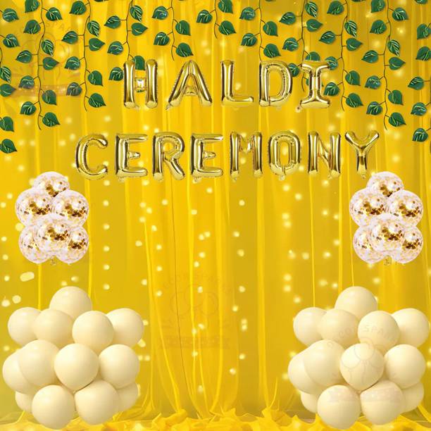 DECOR SPARKS 56 Pcs Haldi Decoration Set | Banner, Balloons, Curtains & Lights