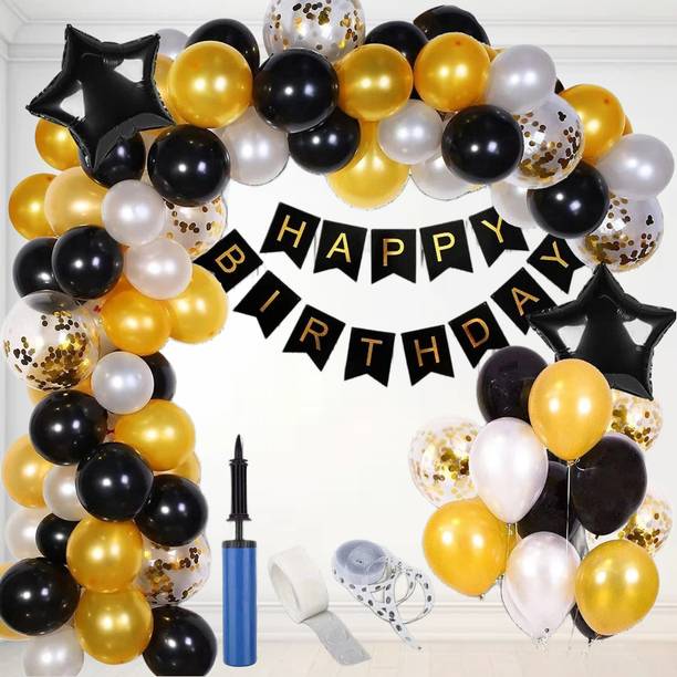SQE Black Gold Birthday Balloon Arch Kit with Happy Birthday Banner