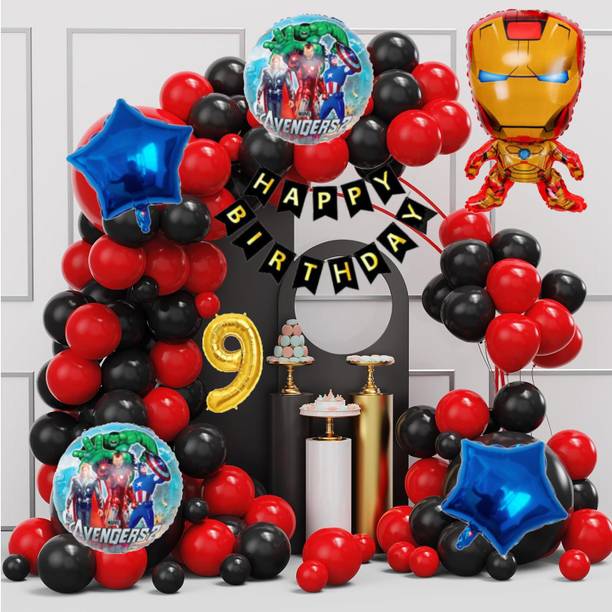Aoes Iron-Man 9th Birthday Decoration Kit | Red Black Theme Balloon Garland For Kids