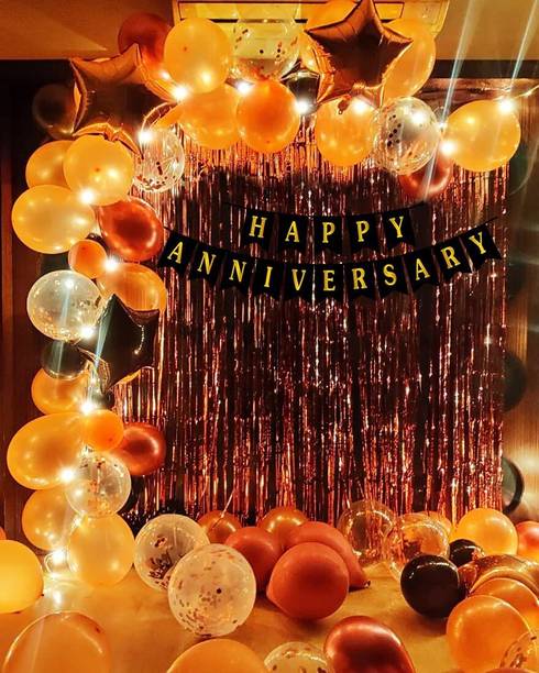 PARTY MIDLINKERZ Solid Rosegold Happy Anniversary Balloons Decor ation Kit items 63 Pcs combo pack Balloon