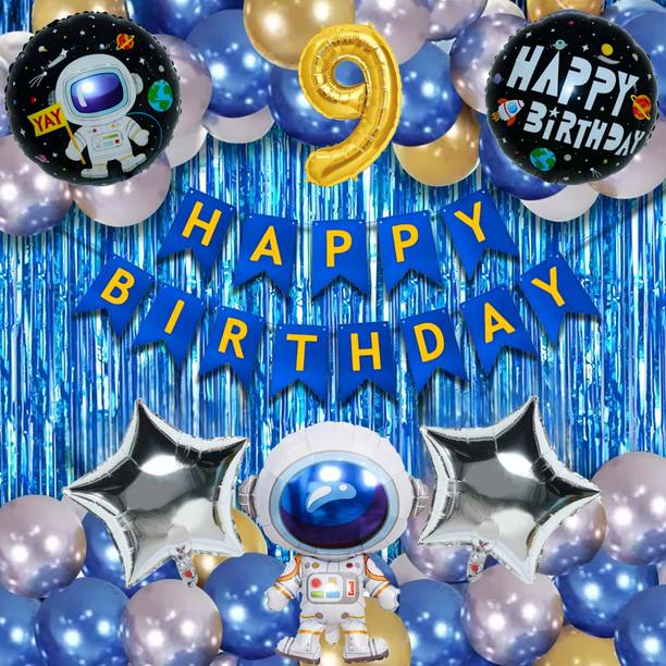 LOONS PEDDLER Astronaut Space Theme 9th Birthday Decoration Kit for Boys - Blue & Gold