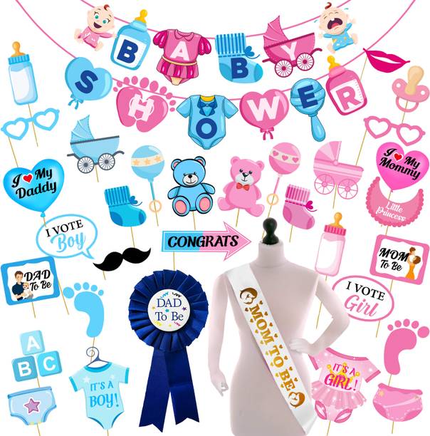 ZYOZIQUE Blue & Pink Baby Shower Decorations Banner,PhotoBooth,Badge,Sash-Baby Shower (Pack of 33)