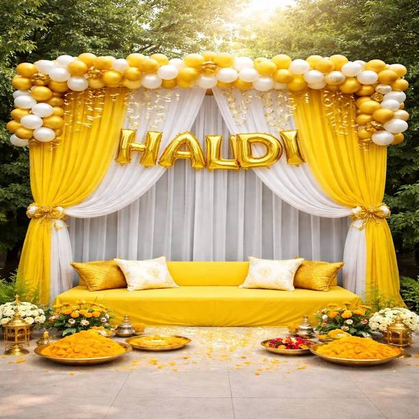 Sanwarakreation Yellow, Golden & White Haldi Balloon Decoration Kit