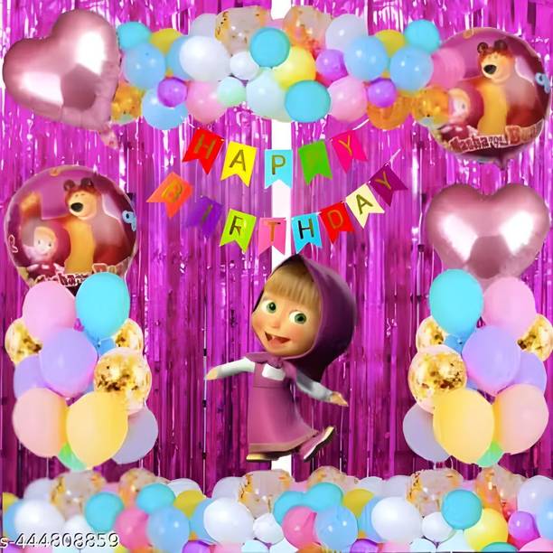 DECOR SPARKS 75pcs Masha Theme Birthday Decoration Kit with Balloons & Foil Curtain