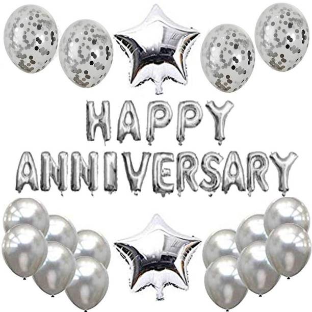 PARTY MIDLINKERZ Solid Happy Anniversary Balloons Decoration Set Silver for husband,wife Balloon