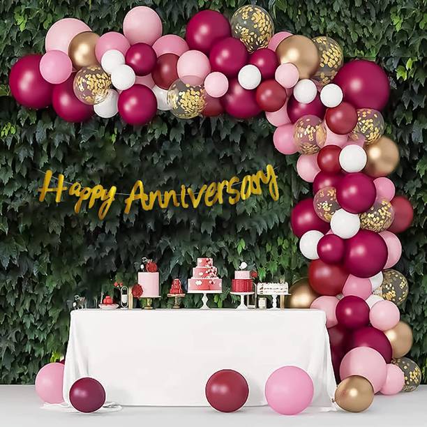 ZYRIC Solid Happy Anniversary Decoration with chrome gold and burgundy Balloon
