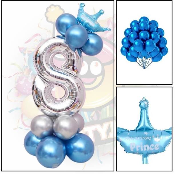 PARTYJOY Birthday Decoration Items - 3 PCS blue silver Numbers 8 Foil Helium Balloons
