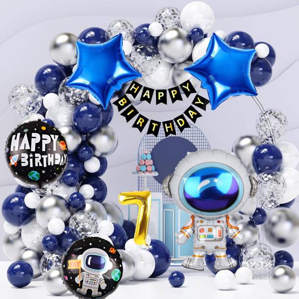 Aoes Astronaut Space Theme 7th Birthday Decoration Kit - Conffetti Balloons & Banner