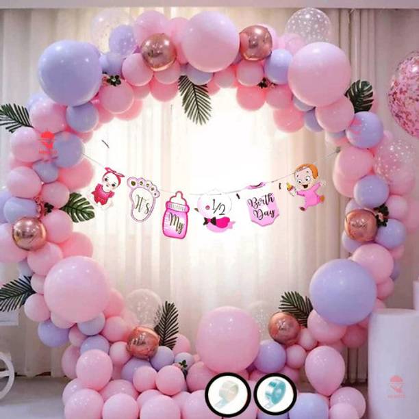 डेकोर स्पार्क 53pcs 6Months Birthday Kit with Banner, Rosegold Confetti & Pastel Balloons