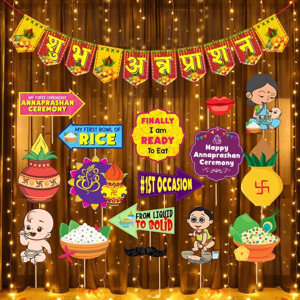 RP Bazaar Annaprasanam Decorations Items – Banner, Photo Booth Props and Rice Light