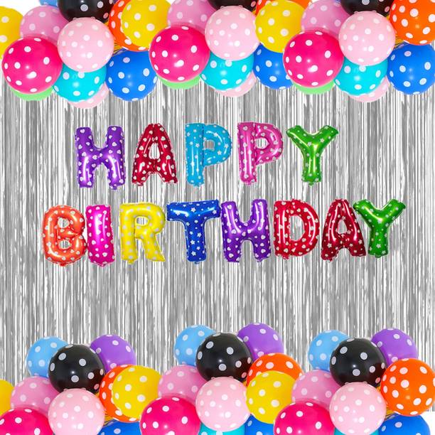 PARTY MIDLINKERZ Solid Happy Birthday Balloons Decoration Kit 66 Pcs, 1 set of Multicolor 13Pcs "Happy Birthday" alphabet foil balloons and 50Pcs Polka Dot Balloon Set with 2Pcs Silver Curtain and 1 Pc Ribbion for Birthday Theme Decorations Items Combo with Helium Letters Foil Balloon Banner, Latex Metallic Balloons Balloon (Multicolor, Pack of 66)