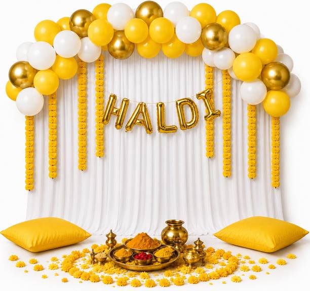 ConfettiLane Solid Yellow White Haldi Decoration Kit with Gold Haldi Foil Curtains & Balloons