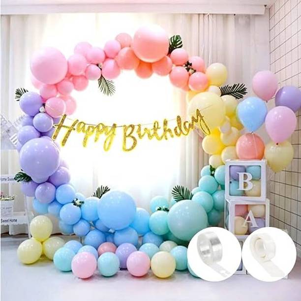 BLISSFUL Solid Happy Birthday Decoration with Sparkle Golden Happy Birthday Banner, Pastel Balloon