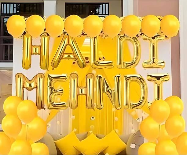 DECOR SPARKS 34 Pcs Haldi Mehndi Decoration Set with Foil Banners and Balloons