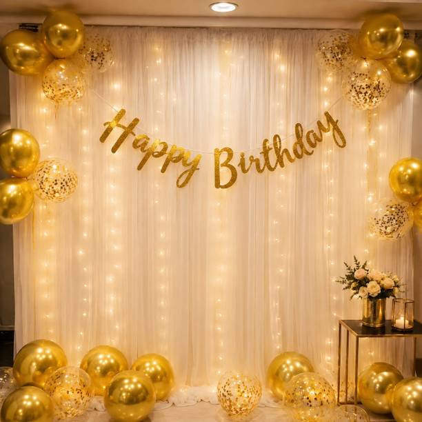 celebrix Golden Birthday Decoration Kit with LED Curtain Lights & Confetti Balloons