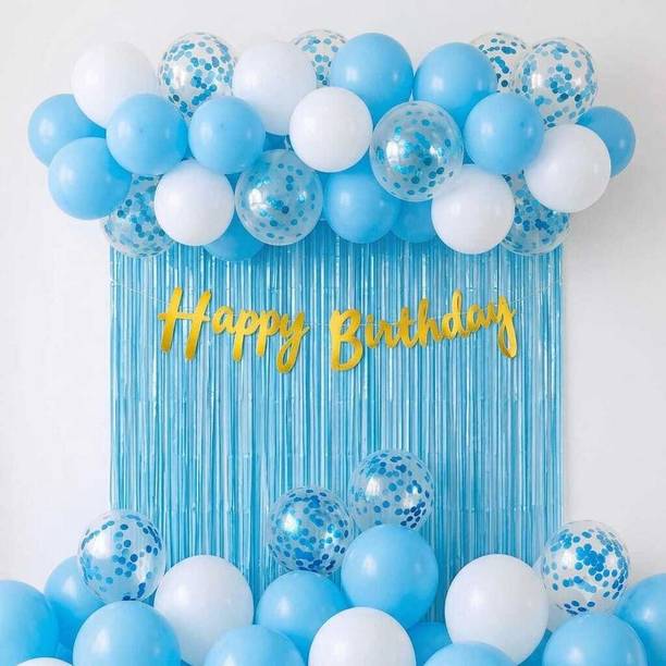 ConfettiLane Solid Blue & White Happy Birthday Balloon Decoration Kit with Foil Curtain