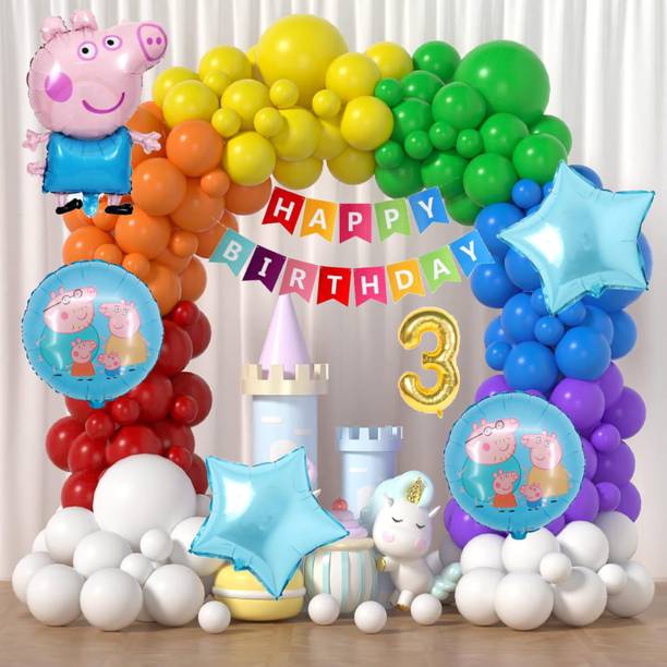 Aoes Peppa Pig 3rd Birthday Decoration Kit Rainbow Balloon Arch & Foil Balloons Combo