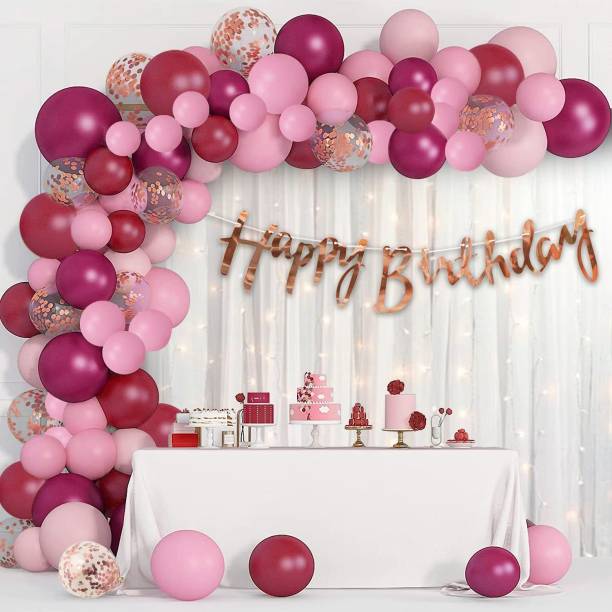 PARTY MIDLINKERZ Solid 1st Girl Burgandy Birthday Decoration kit items Led Light, Arch White Curtain Balloon