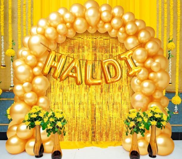 DECOR SPARKS 33pcs Haldi Decoration Set | Banner, Balloons & Foil Curtains Combo