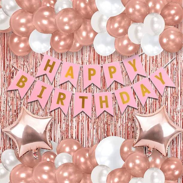 PARTY MIDLINKERZ Solid Rosegold Birthday Balloon Party Decoration Kit items set for Girl, Wife Balloon