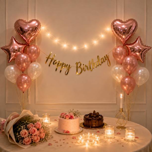 REVAYAA Birthday Decoration Kit Rose Gold & White with LED Light String, Balloons