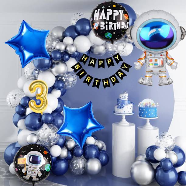 Aoes Astronaut 3rd Birthday Decoration Kit with Blue Silver Balloon and Black Banner