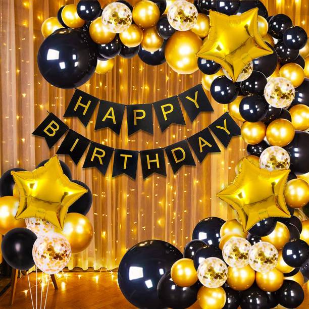 TTimmo4 Black and Golden with Net Curtain Birthday Decorations Theme for Girls Boys etc.