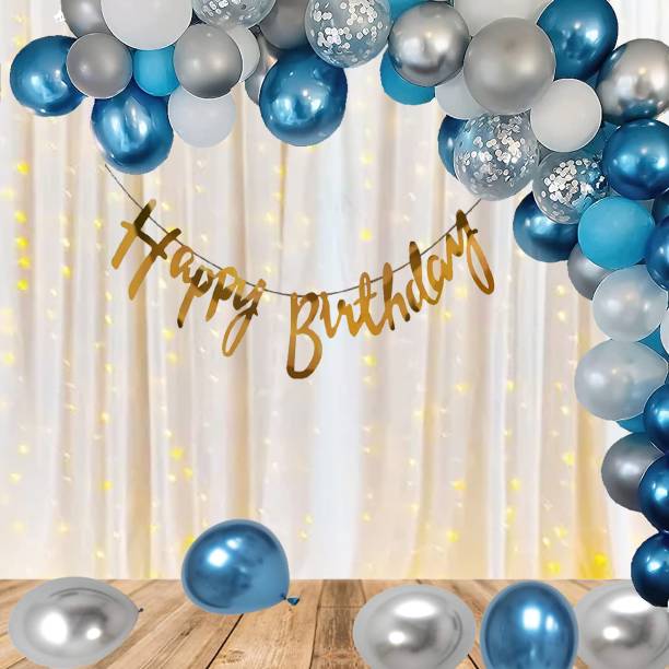 Zebra finch Blue White And Silver Birthday Decoration Kit Combo with Net Curtain and light.