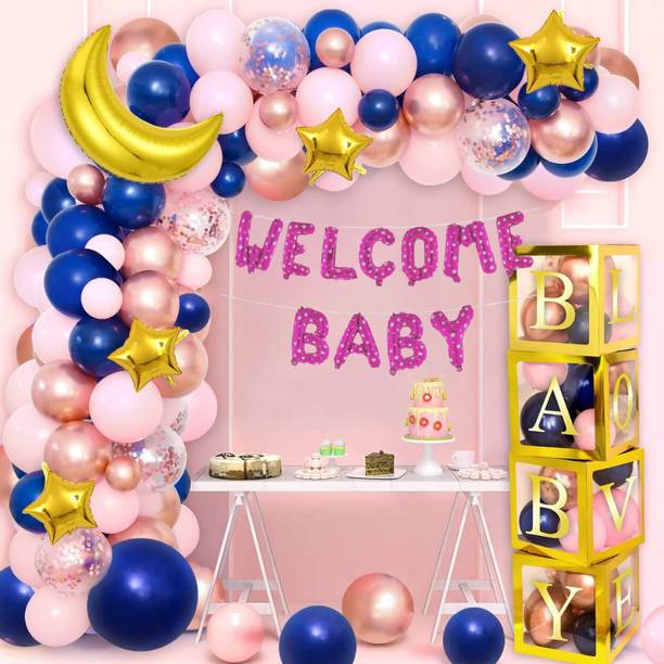 डेकोर स्पार्क 74Pcs Welcome Baby Pink Decoration Set for Boy Baby Shower Party
