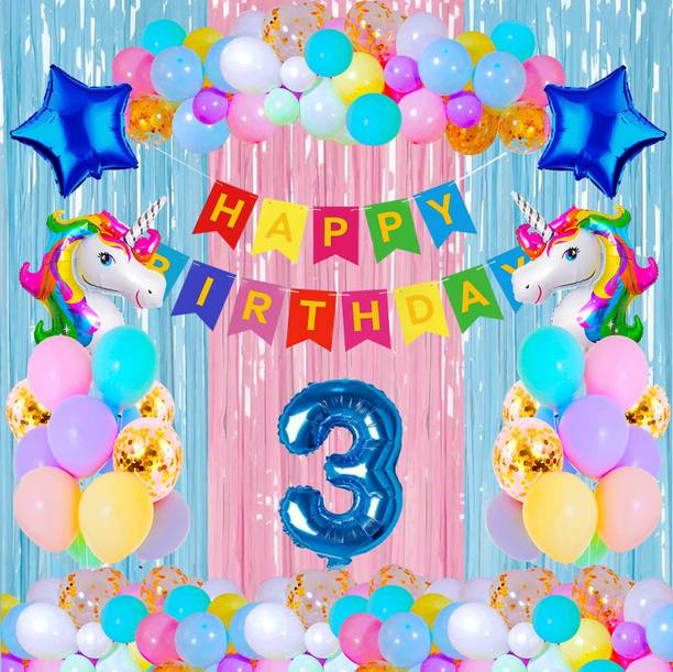 Crazykart 3rd Third Three Happy Birthday Combo Kit For Party Decoration Item Unicorn Theme