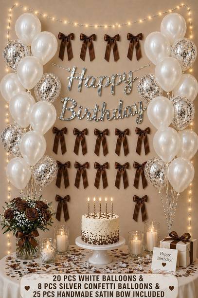 Gleam Sphere Decor Complete Brown & White Birthday Decoration Kit with Satin Bows & Candles